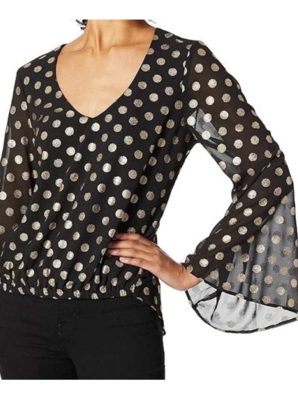 Show Me Your MuMu Mackenzie Cosmic Polka Dot Bell Sleeve Top Black Gold Womens S